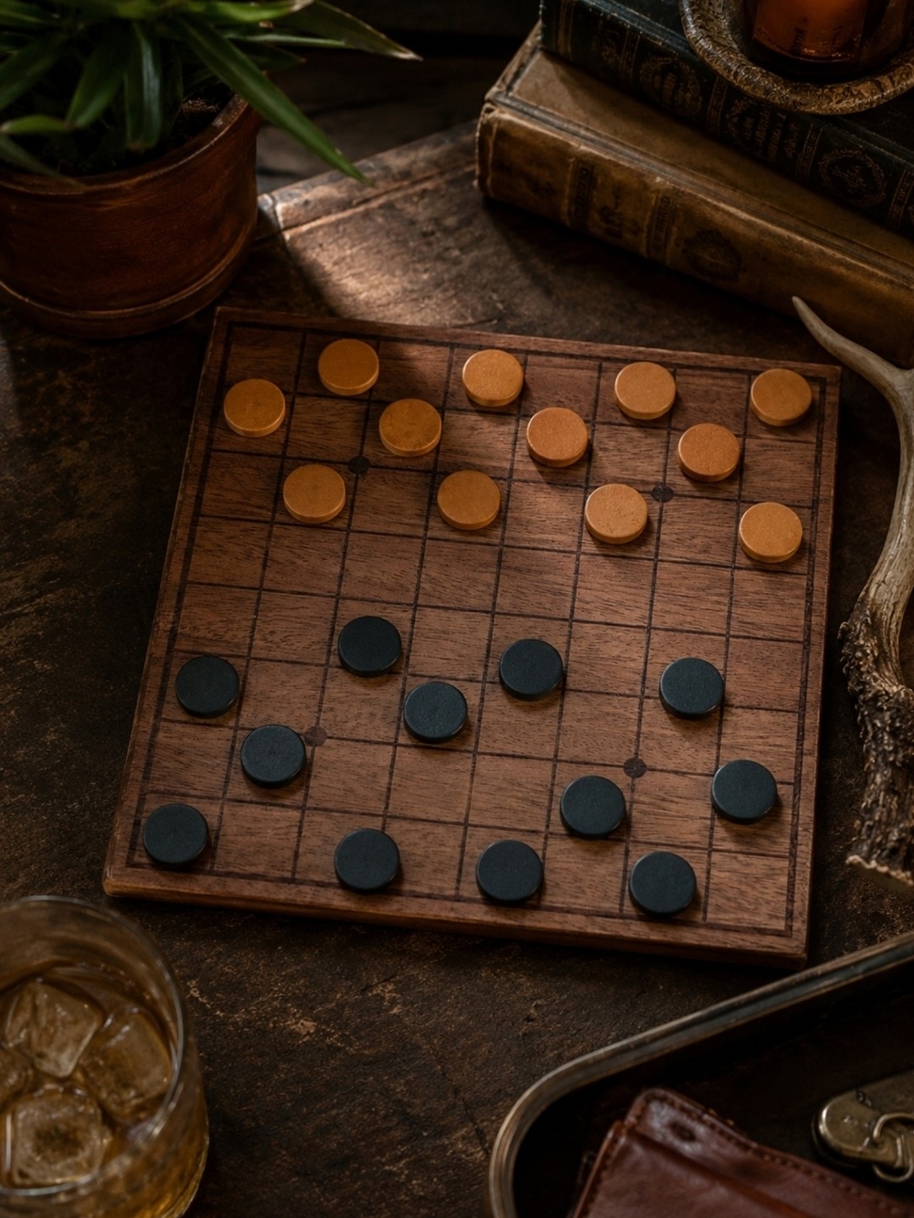 Classic Wooden Checkers Game Set - Black & Brown Leather Game Pieces